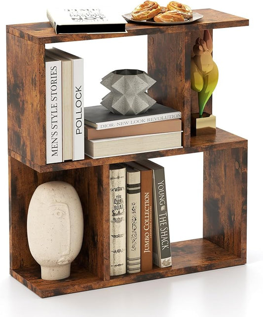 Tangkula 3 Tier Geometric Bookshelf, S Shaped Open Bookcase with Storage, Home Office Decor, Freestanding Wood Display Shelf for Living Room Study, Small Bookshelf for Small Spaces (1, Rustic Brown)
