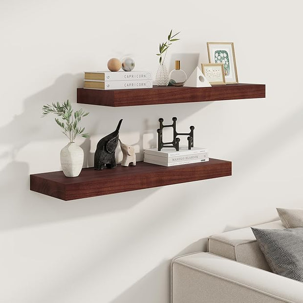Fun Memories 9 Inch Deep Floating Shelves, Rustic Solid Wood Floating Shelf 30 Inch Long, 30 x 9 Wide Bathroom Shelves for Storage & Display, Red Brown