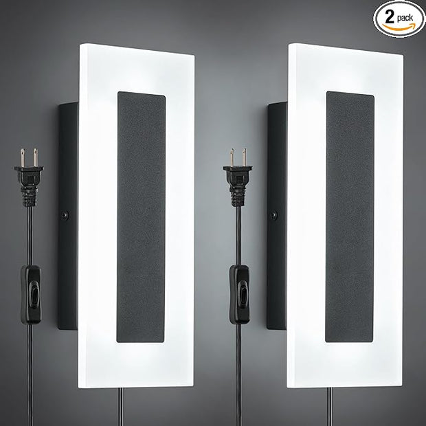 LMQNINE Modern Plug in Wall Sconces Set of Two 9W 6000K Acrylic Black Wall Sconce Wall Lighting with 6ft Plug in Cord and On/Off Switch for Bedroom Living Room Hallway Staircase Corridor