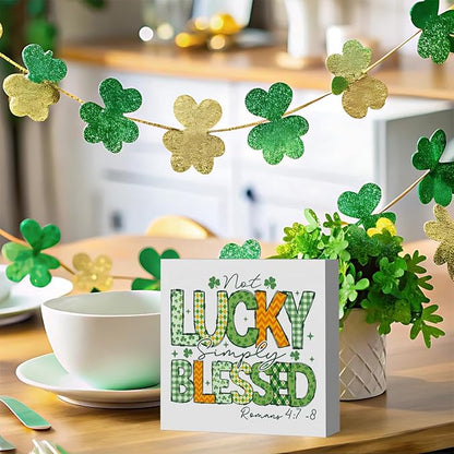 Not Lucky Simply Blessed Funny St Patricks Day Shamrock Decor Desk Decor Wooden Box Sign St Patricks Day Decorations Irish Blessing Wood Block Plaque Box Sign for Home Decoration