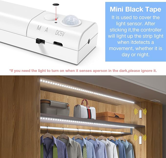 WOBANE Dual Motion Sensor Stair Lights Strip, Rechargeable 16.4ft LED Strip Lighting,150 LEDs Cuttable Tape Light for Hallway,Under Cabinet,Cupboard,Shelves,Gun Safe,Flexible,6000K White