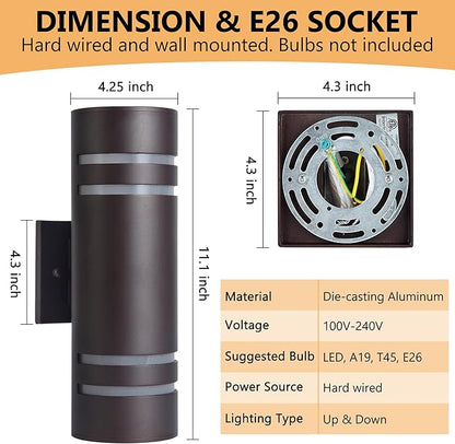 Housen Solutions Outdoor Wall Lights 2 Pack, Modern Exterior Lighting Fixtures IP65 Waterproof, Up Down Outside Lights for House Porch, Bronze