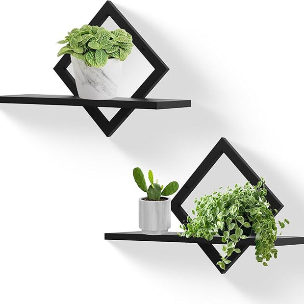 Floating Shelves for Wall,Decorative Wall Shelf,Hanging Shelf for Plants Storage Display Holder,Indoor Decor for Living Room Home Office Bathroom Bedroom,Solid Wood,Diamond Shaped,2 Pack(Black)