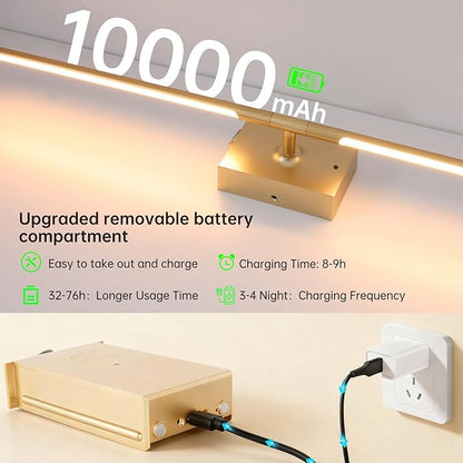 Battery Operated Wall Sconce Set of 2, 10000mAh Rechargeable Wall Sconces with Detachable Battery, Indoor 350°Rotate Wall Lights for Bedroom Living Room, Gold, 31.5 Inch