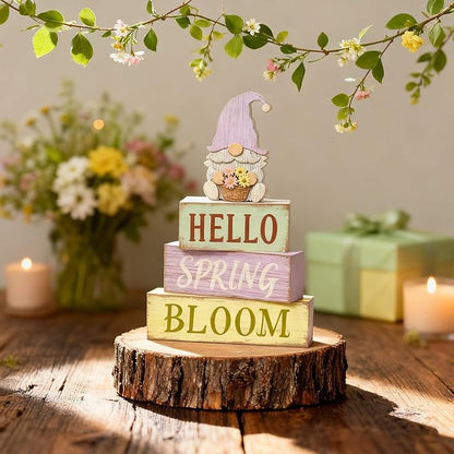 Spring Decoration Wooden Tiered Tray Decor – Rustic Hello Spring Bloom Gnome Stacked Block Sign with Flower Basket Topper – Farmhouse Tabletop Spring Decor for Living Room Shelf Kitchen Coffee Bar Seasonal Home Display
