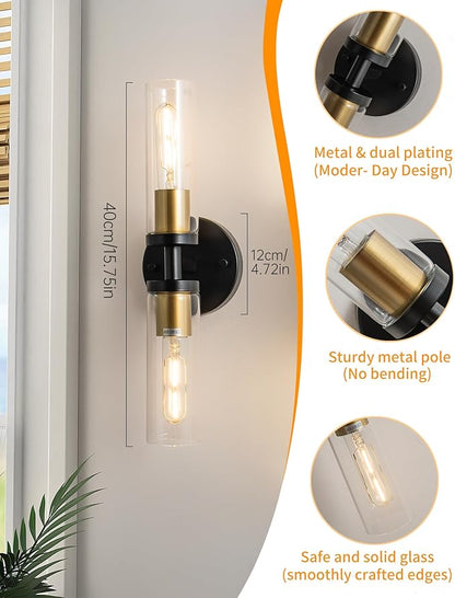 KSRYSZCQ Wall Sconces Set of Two Black and Gold Bathroom Wall Sconce with Clear Glass 15.75" Modern Wall Sconces for Bathroom Living Room Hallway Bedroom Kitchen