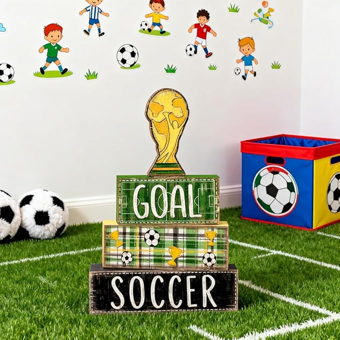 DIYDEC 4Pcs Soccer Tabletop Decorations Wooden Trophy Block Signs Gift Rustic Football Tiered Tray Decor Soccer Centerpiece World Cup Table Sign for Home Office Tabletop Fireplace Party Decor