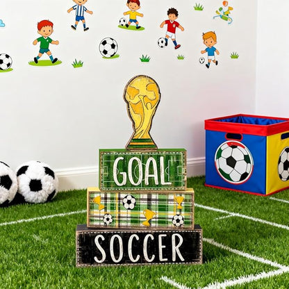 DIYDEC 4Pcs Soccer Tabletop Decorations Wooden Trophy Block Signs Gift Rustic Football Tiered Tray Decor Soccer Centerpiece World Cup Table Sign for Home Office Tabletop Fireplace Party Decor