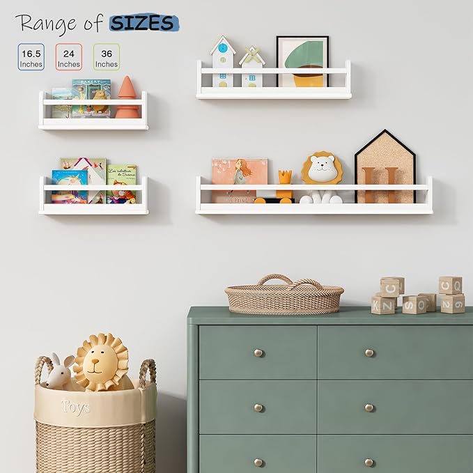 White Toddler Wall Bookshelf for Kids Room, 36 Inch Long Floating Nursery Book Shelves for Wall, Wide Hanging Bookshelves for Baby Girl Boy Childrens Kid Bedoom Playroom -Set of 3