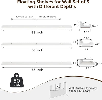 RICHFOCUS Floating Shelves for Wall, 55 inch Solid Wood Picture Ledge Shelf for Wall Storage, Nursery Book Shelves with Lip for Living Room Bathroom Bedroom Kitchen, Set of 3, Washed White