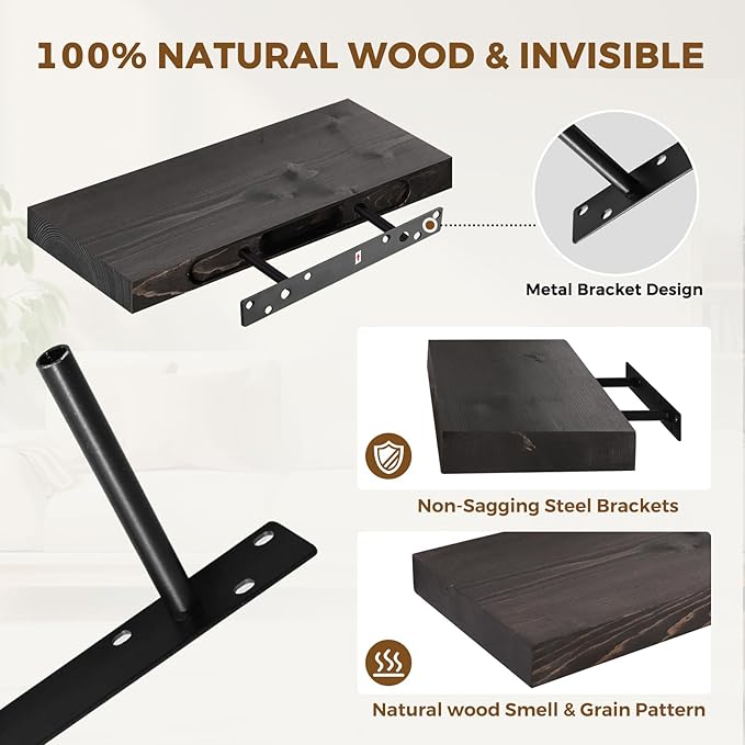 17x8x1.6 inch Floating Shelves Set of 2 – Solid Wood Rustic Black Wall Mounted Shelf for Kitchen, Bathroom, Living Room