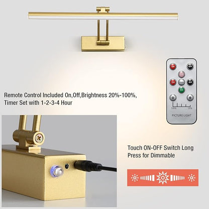 Wireless Picture Light,5200mAh Battery Operated Picture Lights with Remote,Gold Picture Light, Full Metal Painting Light for Wall Display, Gallery,Portrait,Bedroom (Gold)