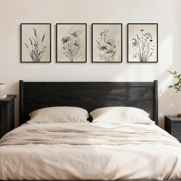 Framed Vintage Botanical Wall Art, 4 Piece Neutral Rustic Boho Floral Canvas Painting Prints for Modern Farmhouse, Black and White Flower Pictures for Living Room Bedroom Dining Room Wall Decor, 12x16