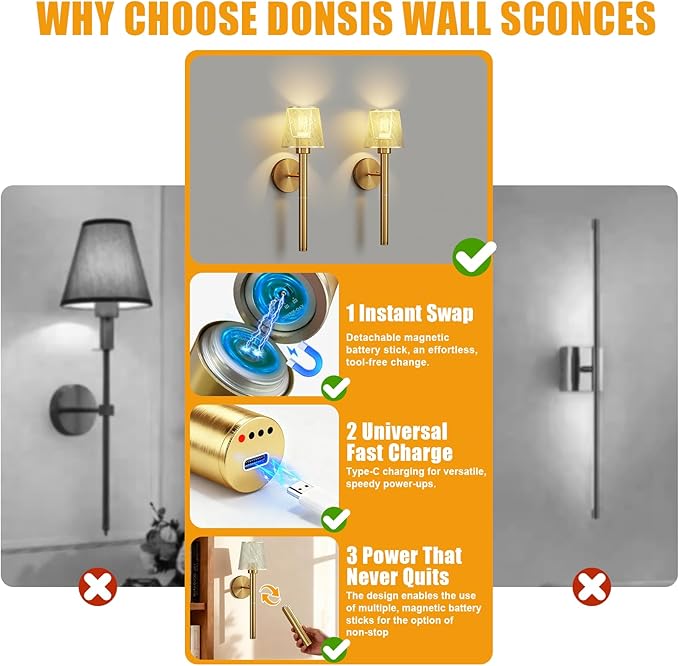 Magnetic & Detachable Wireless Wall Sconces (Gold) - 5200mAh Rechargeable Battery Bar for Staircase, Bedroom, Lounge