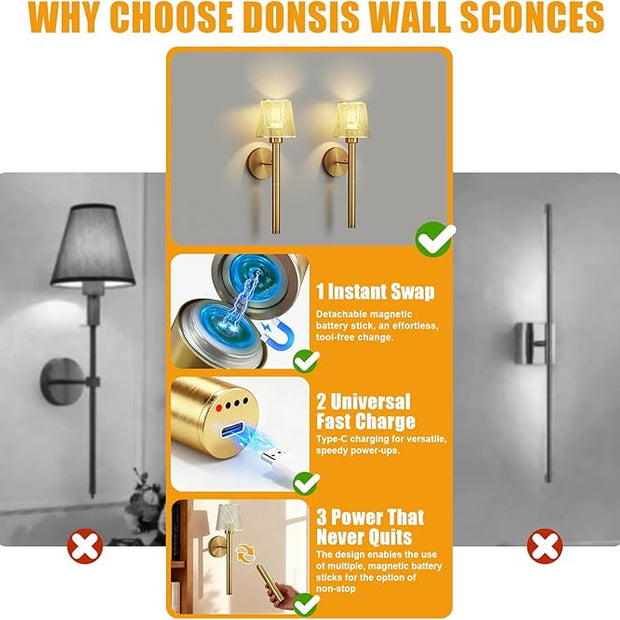 Magnetic & Detachable Wireless Wall Sconces (Gold) - 5200mAh Rechargeable Battery Bar for Staircase, Bedroom, Lounge
