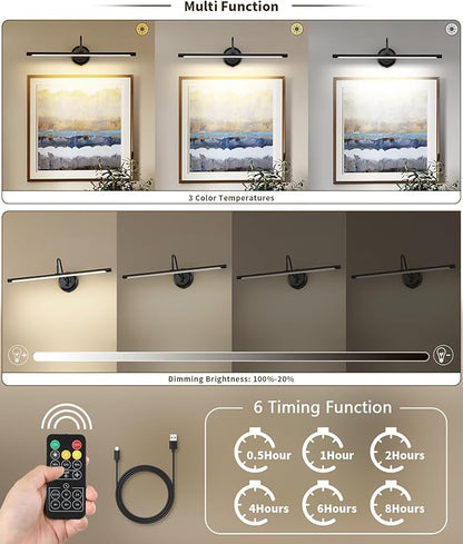 JOOSENLUX Battery Operated Picture Lights Modern Wireless Wall Lights 24.4" Inch Dimmable Under Counter Lights for Kitchen with Swing Arm as Canvas Wall Sconce Light Black 3000K CRI95+