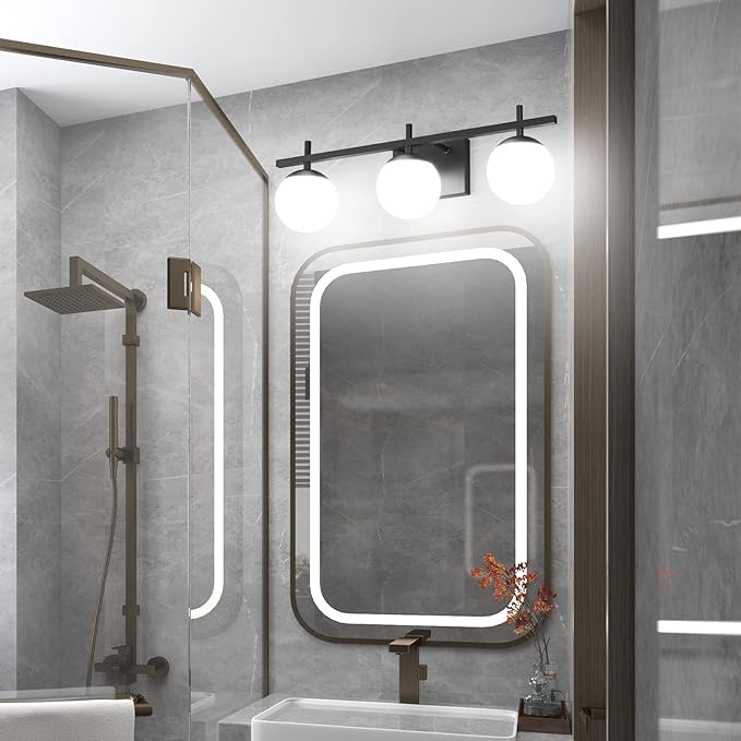 Ralbay Mid Century Modern Bathroom Vanity Lights Matte Black Milky Glass Modern Bathroom Wall Lights Over Mirror, Black 3-Light (Exclude Bulb)