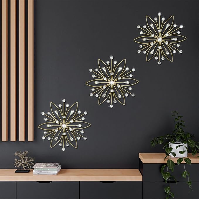 ZEXUIRU 3 Pack Gold Sunburst Wall Decor – Metal Crystal Wall Art with Sparkling Rhinestones, 14’’/18 Inch Starburst Wall Hanging Set for Living Room Bedroom Bathroom – Modern Bling Home Decorations
