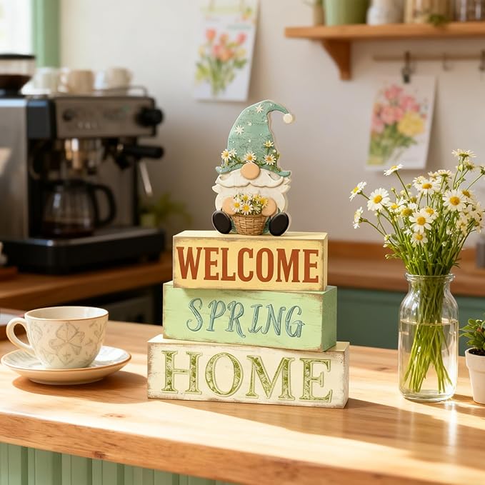 Spring Decoration Wooden Tiered Tray Decor – Rustic Welcome Spring Home Gnome Stacked Block Sign with Flower – Farmhouse Tabletop Spring Decor for Living Room Shelf Kitchen Coffee Bar Seasonal Home