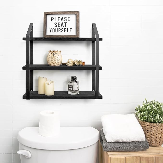 Mkono Floating Wall Shelves 3 Tier Rustic Hanging Shelf with Metal Bracket Wall Mount Wood Storage Display Shelves for Living Room Bathroom Bedroom Kitchen Office,Black