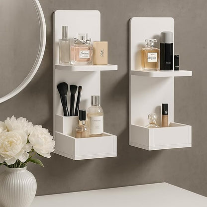 2-Tier White Floating Wall Shelf, 20x8x6 Wall-Mounted Wooden Beside Shelf/Nightstand for Home Décor, Plants, Cosmetics, Bathroom, Kitchen, Bedroom Storage (White with Box)