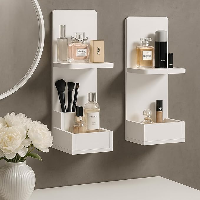 2-Tier White Floating Wall Shelf, 20x8x6 Wall-Mounted Wooden Beside Shelf/Nightstand for Home Décor, Plants, Cosmetics, Bathroom, Kitchen, Bedroom Storage (White with Box)