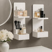 2-Tier White Floating Wall Shelf, 20x8x6 Wall-Mounted Wooden Beside Shelf/Nightstand for Home Décor, Plants, Cosmetics, Bathroom, Kitchen, Bedroom Storage (White with Box)