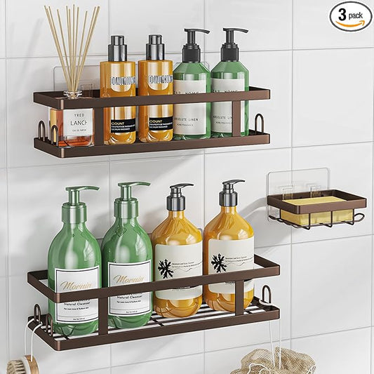 Adhesive Shower Caddy,Shower Shelves with Soap Holder and 12 Hooks,Rustproof No Drilling Bathroom Organizer and Storage,Bronze,3 Pack