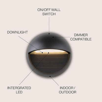 JONATHAN Y 6.25" Black Modern Round Outdoor Integrated LED Wall Sconce Light, Metal/Glass Waterproof Exterior Downlight for Porch, Patio, and Entryway, ETL Listed JYL7441A