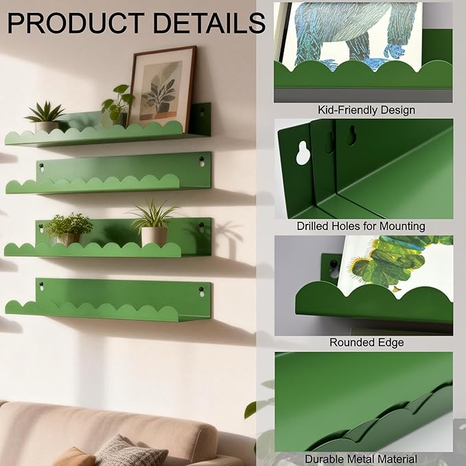 Nursery Book Shelves Set of 6, Green Metal Floating Shelves for Wall, 16 Inch Scalloped Book Shelf for Kids Room, Bathroom, Bedroom, Playroom Wall Decor & Storage
