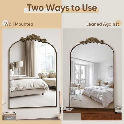 Vintage Wall Mirror, 22"x30" Arched Mirror for Vanity, Antique Decorative Mirrors with Carved Metal Frame for Bedroom, Living Room, Entryway, Fireplace, Hallway, Bronze