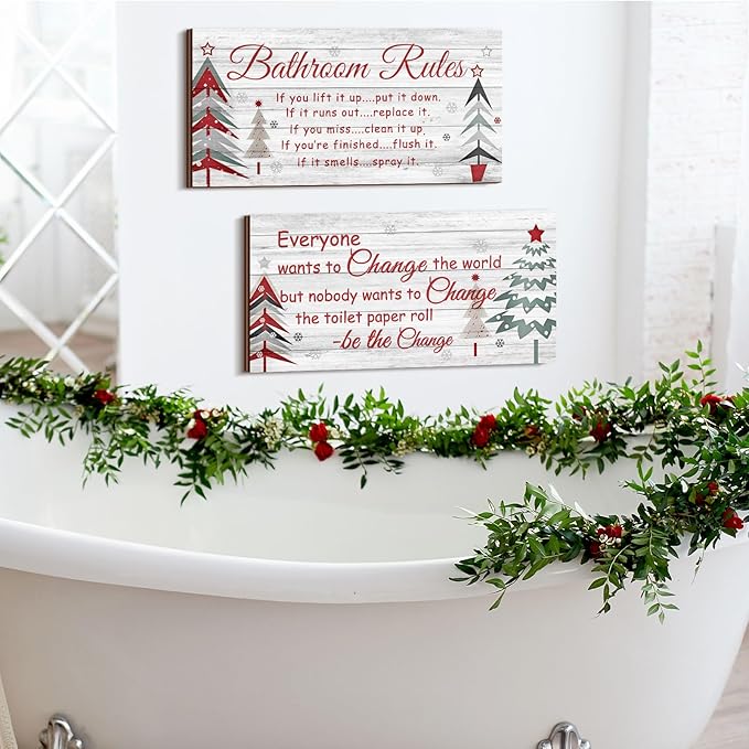 Jetec 2 Pieces Funny Bathroom Signs Bathroom Wall Decor Toilet Wall Accessories Farmhouse Toilet Rustic Wooden Signs, 12x6 Inch(Christmas Style)