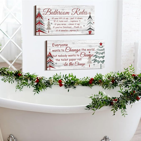 Jetec 2 Pieces Funny Bathroom Signs Bathroom Wall Decor Toilet Wall Accessories Farmhouse Toilet Rustic Wooden Signs, 12x6 Inch(Christmas Style)