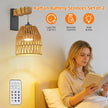 Battery Operated Wall Sconce Set of Two, Rattan Wall Sconces Battery Operated Set of 2, Boho Wall lights with Remote, Rechargeable Wall Sconce for Bedroom,Living Room, Entryway 15 Colors Dimmable
