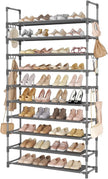 Tall Shoe Rack 10 Tier Shoe Organizer Large Shoe Shelf with 18 Hooks Storage for 50 Pair Sneaker and Boot, Stackable Vertical Shoe Rack Organizer for Closet, Entryway, Bedroom, Grey