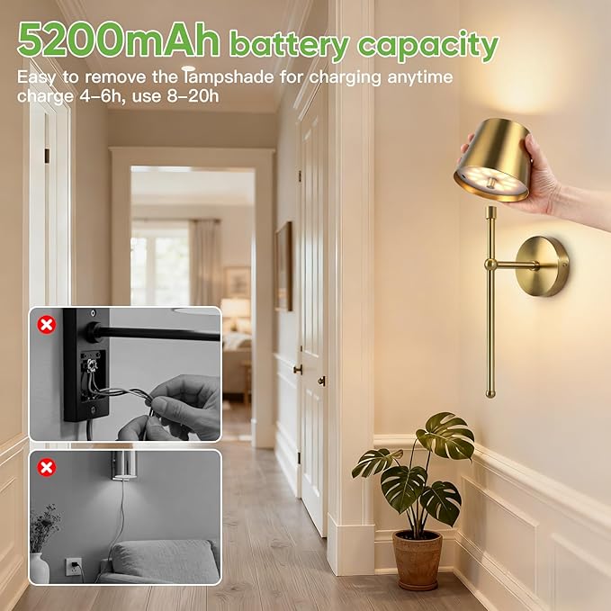 Kimjo Battery Operated Wall Sconce Set of 2, Rechargeable Wireless Wall Sconces Light with Dimmable Timer Remote, 5200mAh Gold Cordless Wall Light for Bedroom Living Room Hallway Decor