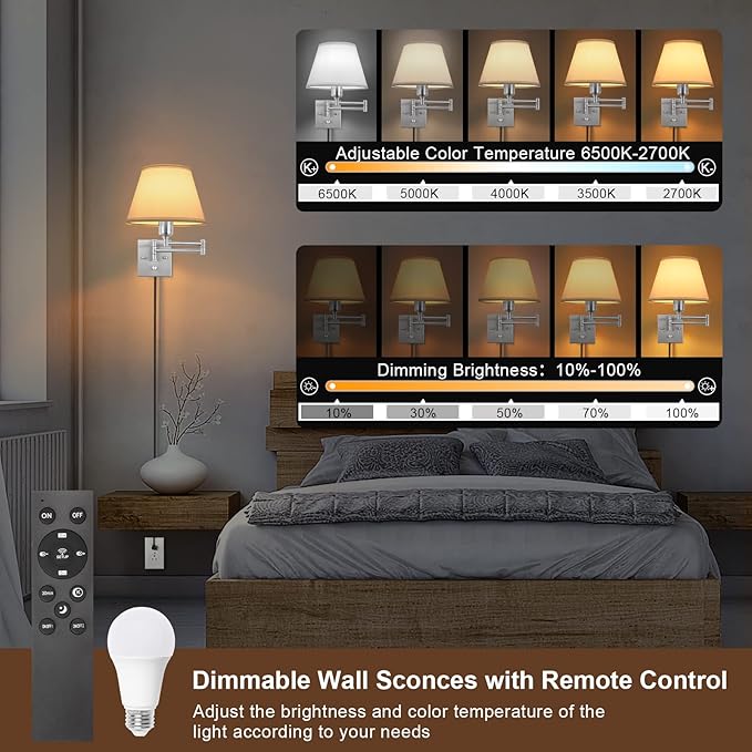TRLIFE Wall Sconces Plug in, Remote Control Dimmable Wall Sconce and Adjustable Color Temperature 2700K-6500K, Swing Arm Wall Lights with Plug in Cord, 9.4
