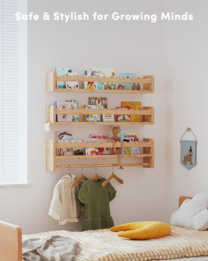 Nursery Book Shelves, Scalloped Shelves, Floating Book Shelves for Wall, Nursery Deocr for Baby, Toddler(Wood, 23 Inches)