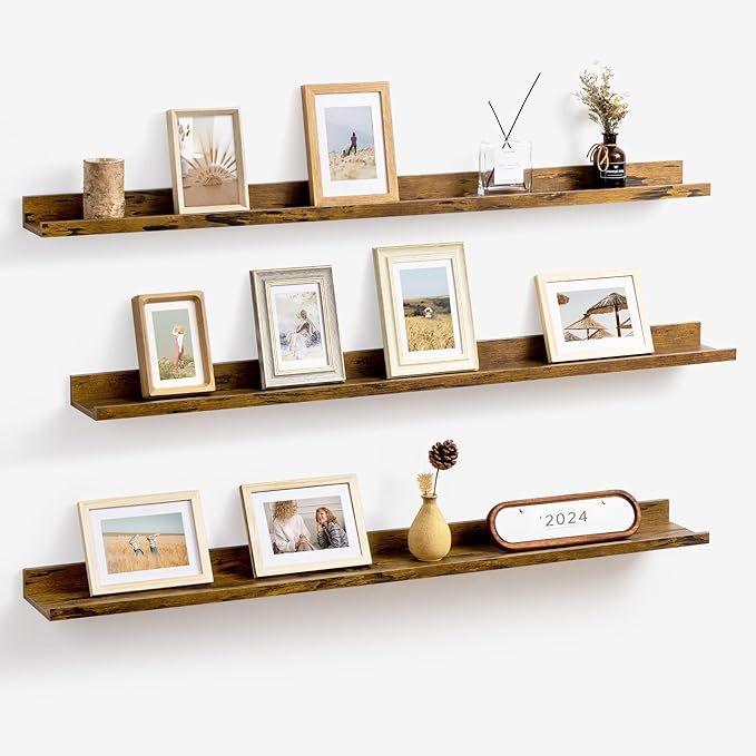 Axeman 48 Inch Floating Shelves | Brown Picture Ledge Shelf Set of 3 | Rustic Brown Wood Wall Shelves with Lip | 48" Picture Shelf for Wall with Ledge | Photo Shelves