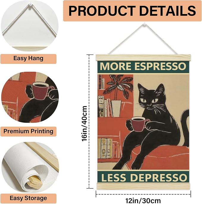 LETUROIA Black Cat Coffee Poster Hanger Frame, Espresso Canvas Wall Decor(12×16"), Wall Art For Home Kitchen Cafe Bar Shelf Office -38