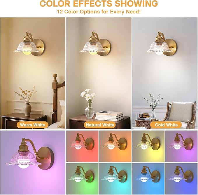 Redluck Battery Operated Wall Sconce with Remote Control, Vintage Glass Wireless Wall sconces Set of Two, Rechargeable Battery Powered Wall Lamp for Bedside Bedroom Living Room Hallway Decor