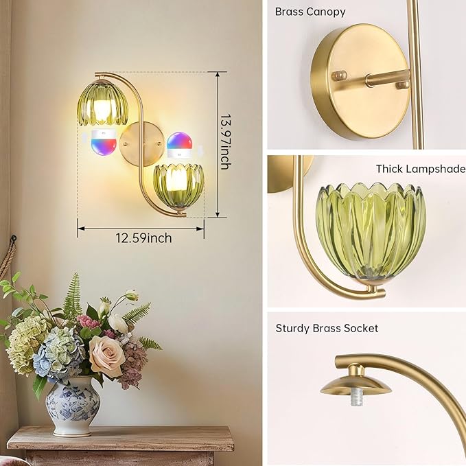 Battery Operated Wall Sconce, 2-Lights Vinatge Brass Wall Lighting Up and Down with Green Tulip Shade for Living Room, Bedroom