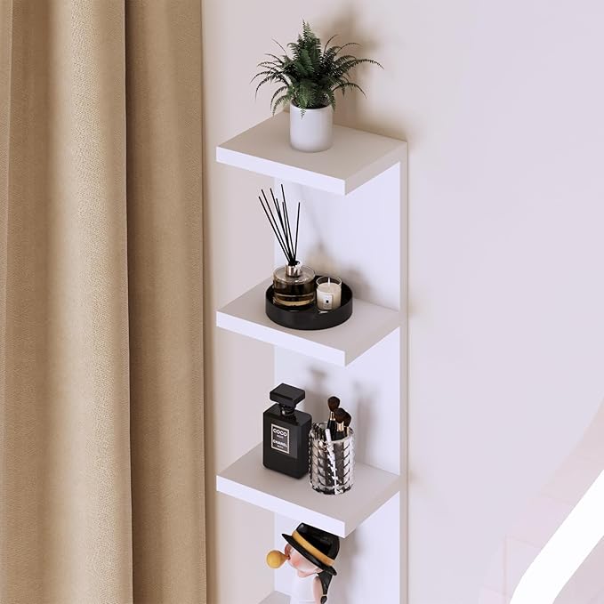 4 Tier White Lack Shelf Vanity Wall Shelf with 10 Crystal Hooks - Multi-Functional Storage for Makeup, Jewelry, Plants, Awards & Display (L7.1 x W5.5 x H30.7) (1)