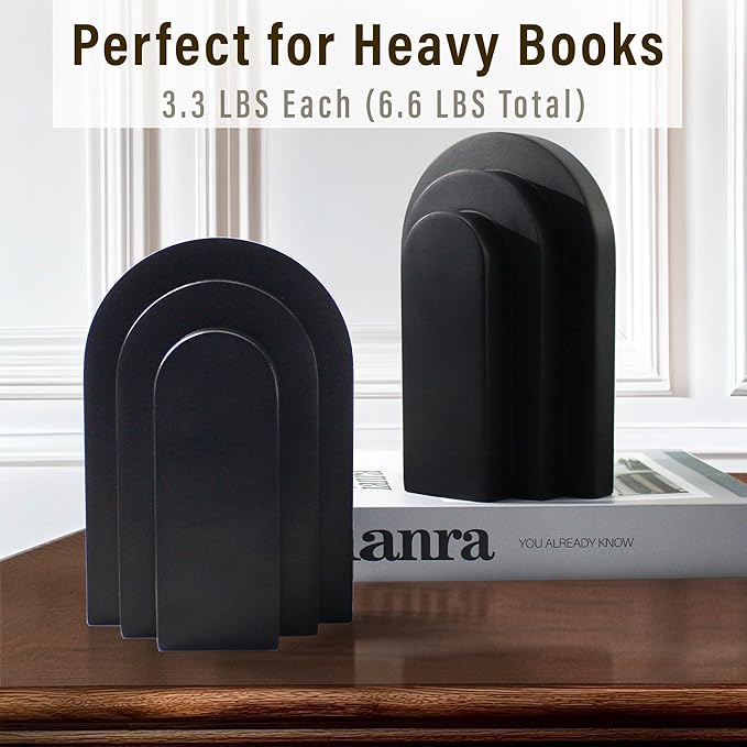 Heavy Duty Book Ends for Shelves, Decorative Bookends for Heavy Books Set of 2, 6.6 LBS Modern Book Stopper for Home Decor, Bookshelf, Aesthetic Bookend with Layered Arch Design, Black