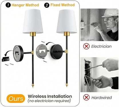 Wall Sconces Battery Operated Set of 2, Rechargeable Wall Sconce, 10 Colors Wireless Wall Sconces Set of Two, 5200mAh Dimmable Bulbs and Remote, for Bedroom Living Room, Hallway (Gold-Black - 24 inch)