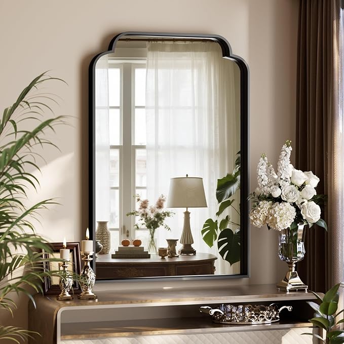 GLSLAND 24"x36" Petal Arch Bathroom Mirror – Modern Metal Frame Vanity Mirror with Scalloped Edge for Over Sink, Bedroom, Living Room, Entryway, Non-Rusting Decorative Wall Mirror, Black