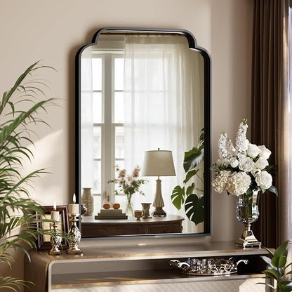 GLSLAND 24"x36" Petal Arch Bathroom Mirror – Modern Metal Frame Vanity Mirror with Scalloped Edge for Over Sink, Bedroom, Living Room, Entryway, Non-Rusting Decorative Wall Mirror, Black