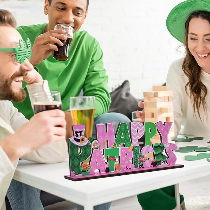 St Patricks Day Decor for Table Happy St Patrick's Day Decoration Wooden Centerpieces Rustic Farmhouse Sign for Tabletop Home Shelf Office St Patricks Day Party Decoration Pink