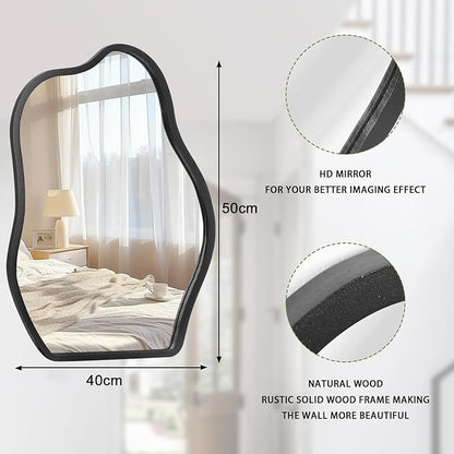 Asymmetrical Wood Frame Mirrors for Wall Oval Hanging Mirror Unique Irregular Modern Mirror for Entryway Hallway Living Room Bedroom Vanity Decorative Artistic Wall Mirror