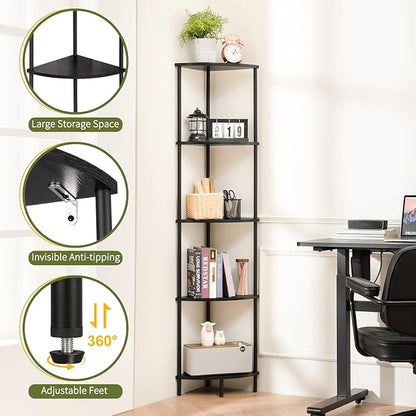 Yoobure Corner Shelf Stand, 5-Tier Bookshelf, 65" Tall Shelves for Bedroom, Living Room, Narrow Display Bookcase, Black with Display Shelves for Office